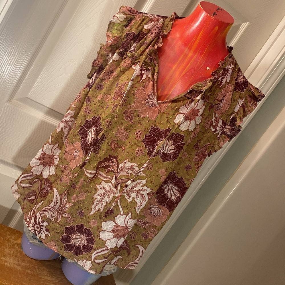 Joie Brown Ruffled Blouse with Floral Design